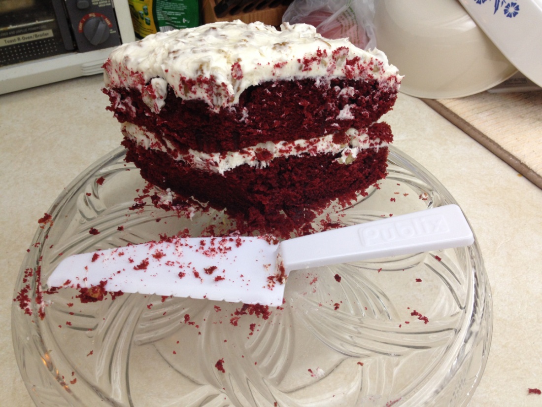 What's left of Grandmother's red velvet cake this morning. I wanted a pic before it was cut but nobody could wait.